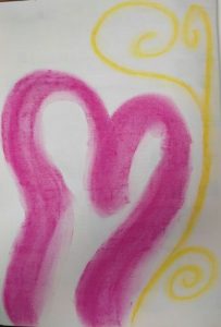 Un dessin intuitif en Journal Créatif, fait au pastel sec, des courbes roses et une arabesque jaune