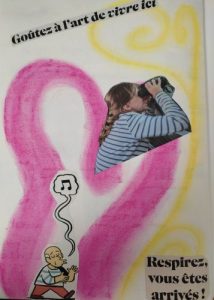 Le mĂȘme dessin que prĂ©cĂ©demment avec des images et des mots dĂ©coupĂ©s dans des magazines et collĂ©s un homme qui sifflote, une jeune fille avec des jumelles)