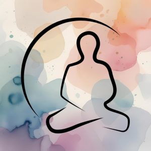 Un personnage en position de méditation sur un fond aquarellé dans des tonalités douces ( bleu, orange, violet) pour représenter les techniques psycho-corporelles