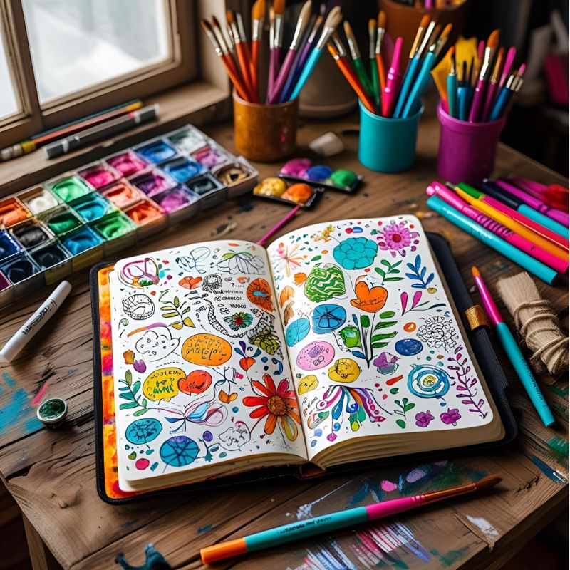 Un journal créatif et du matériel d'art coloré sur un bureau en bois