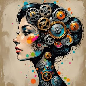 Des rouages dans une tête représentant l'envahissement des pensées